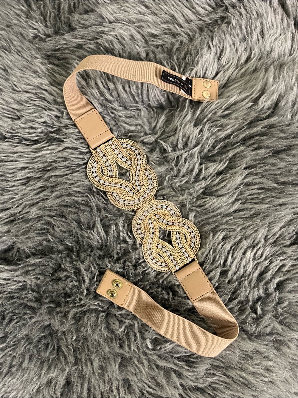 BCBGMaxAzria Beige Elastic Belt with Gold Beaded Medallions